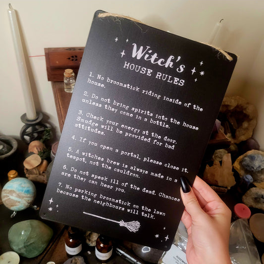 WITCH'S HOUSE RULES METAL SIGN